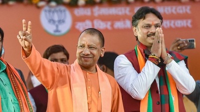 Uttar Pradesh chief minister Yogi Adityanath flashes the victory sign during an election campaign meeting in support of party candidate Rajeshwar Singh at Sarojni Nagar, in Lucknow. (PTI) Uttar Pradesh chief minister Yogi Adityanath flashes the victory sign during an election campaign meeting in support of party candidate Rajeshwar Singh at Sarojni Nagar, in Lucknow. (PTI)