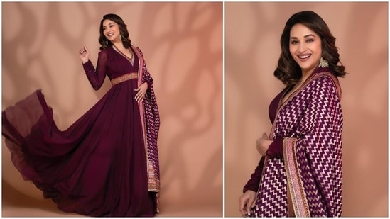 Timeless beauty Madhuri Dixit, who is all set to make her OTT debut with Netflix's The Fame Game, recently blessed our feeds with mesmerising photos of herself in a <span class='webrupee'>₹</span>99,900 draped Anarkali set by ace designer Tarun Tahilianni.(Instagram/@madhuridixitnene)