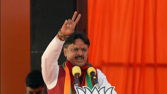BJP candidate from Sarojini Nagar Rajeshwar Singh at an election rally in Lucknow. (Deepak Gupta/HT PHOTO)