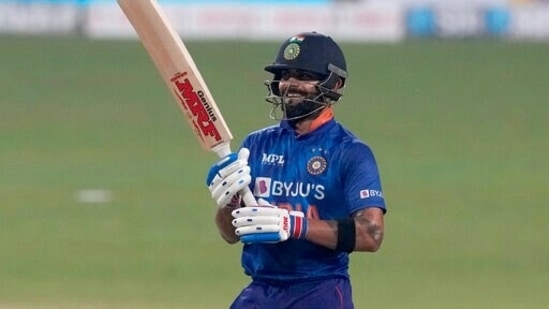 India's Virat Kohli reacts after scoring fifty runs during the second Twenty20 international cricket match between India and West Indies in Kolkata, India.(AP)