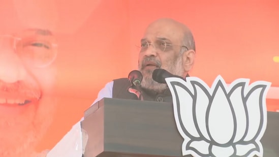 Union home minister Amit Shah speaks at Unchahar assembly constituency in Uttar Pradesh's Rae Bareli on Saturday, February 19, 2022. (Twitter/Amit Shah)