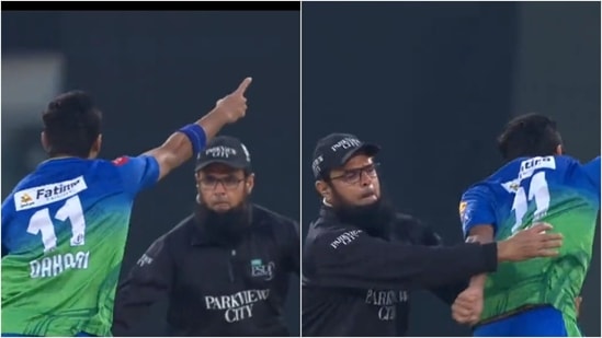 Aleem Dar hilariously tries to stop Shahnawaz Dahani's celebration. (Twitter/PSL)