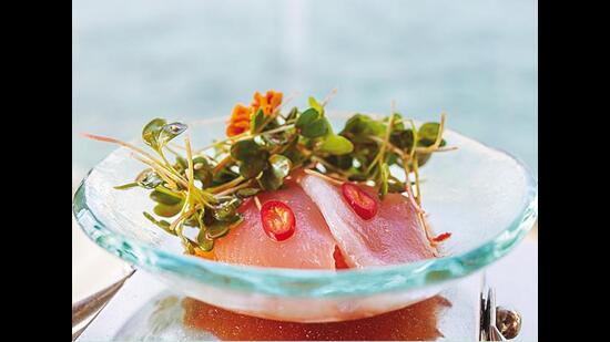 Local white fish sashimi from Out of the Blue’s sushi counter, which is manned by a chef from a three-star restaurant in Tokyo