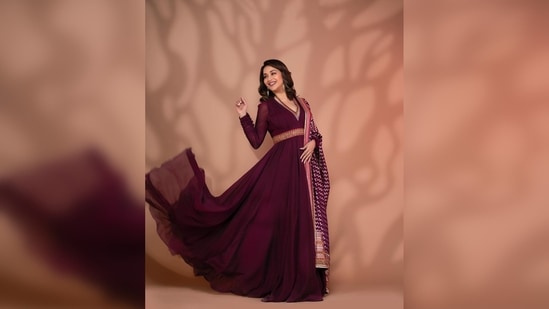 Madhuri Dixit wore this gorgeous outfit to promote her upcoming series The Fame Game. Sharing her stills on her Instagram handle, she captioned her post, "Countless reasons to be happy."(Instagram/@madhuridixitnene)