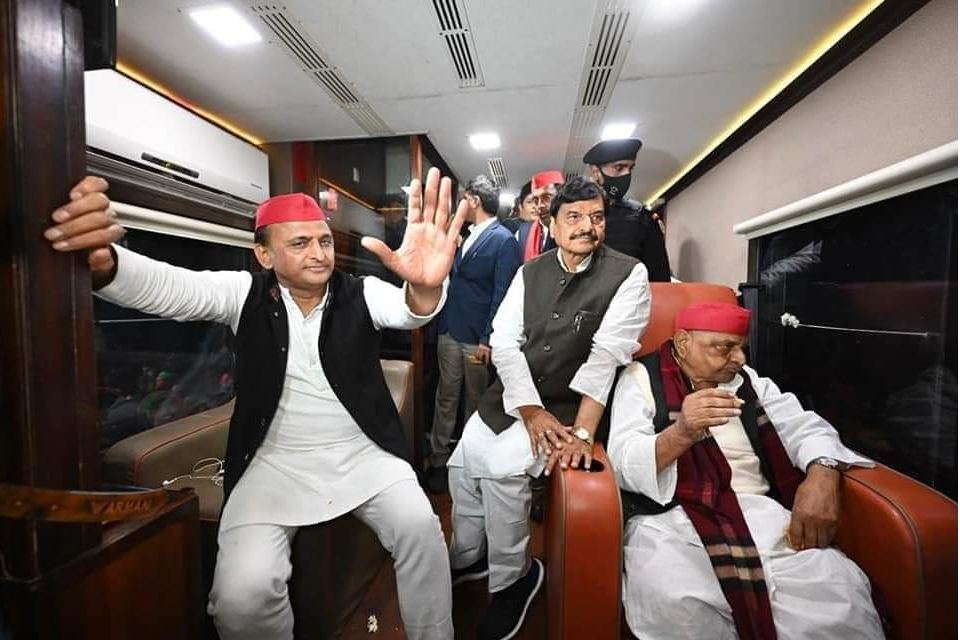 Samajwadi party national president Akhilesh Yadav (L), party founder Mulayam Singh Yadav (R) and his brother Shivpal Yadav, former minister in Uttar Pradesh government (centre) during party campaign for UP assembly elections in Etawa, Uttar Pradesh, India on Thursday February 17, 2022. (Photo by Sourced)