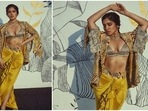 Bhumi Pednekar's recent release Badhaai Do has been making headlines for the plot of the film which revolves around the story of two closeted members of the LGBTQ community. In her latest Instagram pictures, Bhumi looked no less than gold of '24 karat' in a bralette, dhoti style skirt and an embroidered jacket as she promoted her film.(Instagram/@bhumipednekar)