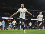 Manchester, Britain - February 19, 2022 Tottenham Hotspur's Harry Kane celebrates scoring their third goal.