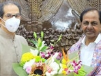Maharashtra chief minister Uddhav Thackeray (L) meets his Telangana counterpart KCR (R) at his residence in Mumbai on Sunday, February 20, 2022. (Twitter/Office of Uddhav Thackeray)
