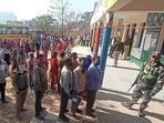 Queue of voters to cast their vote for Punjab assembly elections at Jhujhar nagar of district Mohali on Sunday. (Photo by Ravi Kumar HT)