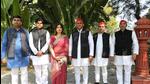 Samajwadi Party chief Akhilesh Yadav, his wife Dimple and some other members of the Yadav family on the polling day in Saifai, (HT Photo)