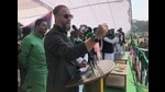 Owaisi addressing a rally in Kheri town of Lakhimpur Kheri on Sunday. (HT PHOTO)