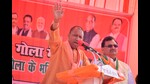 UP CM Yogi Adityanath was addressing a public meeting in favour of BJP candidates at Dhakerwa in Lakhimpur Kheri (HT photo)