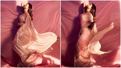 Mouni Roy flaunts her curves in this stunning saree by Rimple & Harpreet Narula's collection. (Instagram/@imouniroy) Mouni Roy flaunts her curves in this stunning saree by Rimple & Harpreet Narula's collection. (Instagram/@imouniroy)