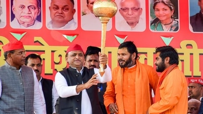 Akhilesh Yadav during an election campaign meeting for UP Assembly elections, in Rudauli on Sunday. (AGENCY)