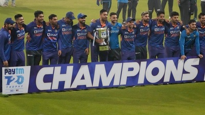 Indian players pose with the winners trophy after their win in the third Twenty20 international cricket match against West Indies in Kolkata, India, Sunday, Feb. 20, 2022. Indian won the series 3-0. (AP) Indian players pose with the winners trophy after their win in the third Twenty20 international cricket match against West Indies in Kolkata, India, Sunday, Feb. 20, 2022. Indian won the series 3-0. (AP)