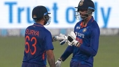 India's Venkatesh Iyer, right, and batting partner Suryakumar Yadav celebrate scoring runs during the third Twenty20 international cricket match between India and West Indies in Kolkata, India, (AP) India's Venkatesh Iyer, right, and batting partner Suryakumar Yadav celebrate scoring runs during the third Twenty20 international cricket match between India and West Indies in Kolkata, India, (AP)