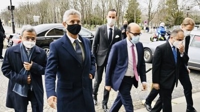 External Affairs Minister S Jaishankar arrives in Paris for bilateral talks with India's closest ally. He is seen here with Indian Ambassador to France, Jawed Ashraf, behind him. External Affairs Minister S Jaishankar arrives in Paris for bilateral talks with India's closest ally. He is seen here with Indian Ambassador to France, Jawed Ashraf, behind him.
