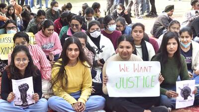 Protesting PAU, Ludhiana, students say when the last three semesters were online and the exams were also taken in online mode then why authorities are adamant on taking offline exams. (HT Photo)