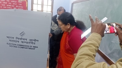 Kanpur major shared pictures of her pressing EVM button of BJP's Lotus symbol. (Twitter) Kanpur major shared pictures of her pressing EVM button of BJP's Lotus symbol. (Twitter)
