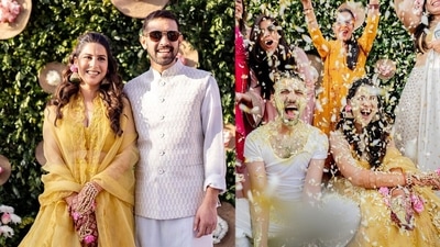 Sheetal Thakur and Vikrant Massey before and during their haldi ceremony. Sheetal Thakur and Vikrant Massey before and during their haldi ceremony. 
