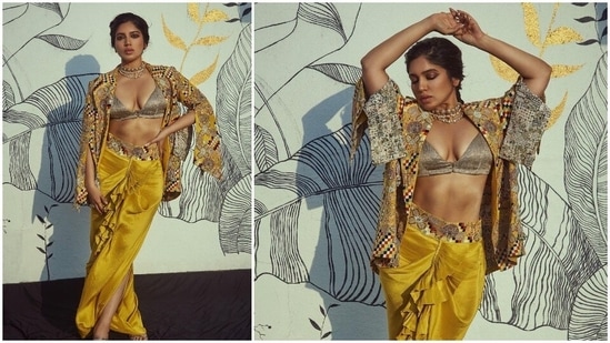 Bhumi Pednekar's recent release Badhaai Do has been making headlines for the plot of the film which revolves around the story of two closeted members of the LGBTQ community. In her latest Instagram pictures, Bhumi looked no less than gold of '24 karat' in a bralette, dhoti style skirt and an embroidered jacket as she promoted her film.(Instagram/@bhumipednekar)