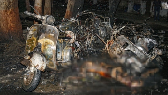 Charred remains of vehicles and a victim at one of the site of 2008 Ahmedabad serial blasts. A special court awarded the death sentence to 38 convicts for their involvement in the blasts, on February 18, 2022.(PTI)