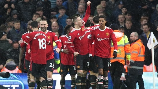 Manchester United's Anthony Elanga celebrates scoring their fourth goal with Scott McTominay and teammates(REUTERS)