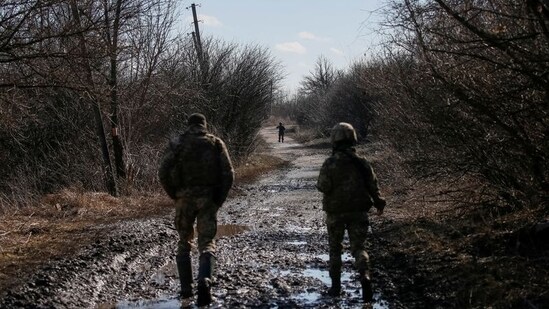 Ukrainian service members are seen on the front line near the village of Zaitseve in the Donetsk region, Ukraine February 19, 2022.&nbsp;(REUTERS)