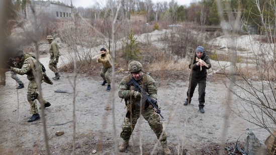 Reservists take part in a tactical training and individual combat skills conducted by the Territorial Defense of the Capital in Kyiv, Ukraine(REUTERS)