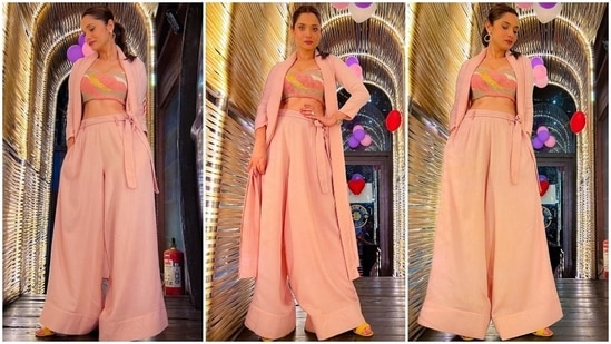 Ankita Lokhande in blush pink suit.&nbsp;