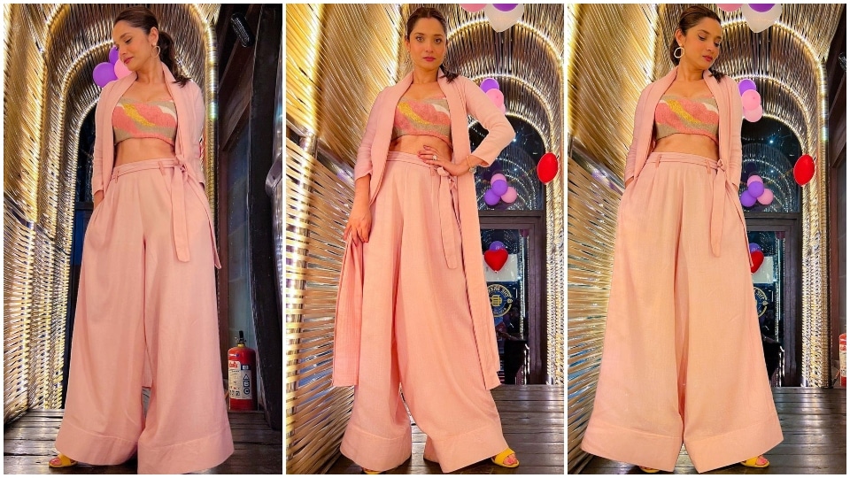 Ankita Lokhande in blush pink suit. Ankita Lokhande in blush pink suit. 