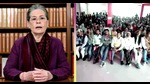 Congress Interim President Sonia Gandhi addressing the voters in Uttar Pradesh through video conferencing, in New Delhi on Monday. (AGENCY) Congress Interim President Sonia Gandhi addressing the voters in Uttar Pradesh through video conferencing, in New Delhi on Monday. (AGENCY)
