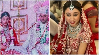 The groom, Anmol Ambani looked dapper in his white and golden sherwani while Krisha Shah stunned in a bright red heavy embroidered bridal lehenga. (Instagram/@pinkyreddyofficial/@event.tow) The groom, Anmol Ambani looked dapper in his white and golden sherwani while Krisha Shah stunned in a bright red heavy embroidered bridal lehenga. (Instagram/@pinkyreddyofficial/@event.tow)