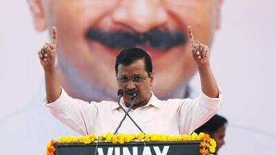 AAP national convenor Arvind Kejriwal addresses a public meeting for the fourth phase of Uttar Pradesh assembly elections, in Lucknow on Monday. (ANI)