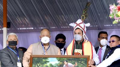 Congress leader Rahul Gandhi being felicitated by party leaders with a Kokyet (Hat), Langyan and a portrait at a public meeting ahead of the Manipur assembly elections, in Imphal on Monday. (ANI) Congress leader Rahul Gandhi being felicitated by party leaders with a Kokyet (Hat), Langyan and a portrait at a public meeting ahead of the Manipur assembly elections, in Imphal on Monday. (ANI)