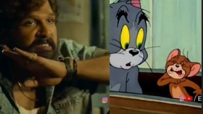 The split image shows Allu Arjun (left) and a scene from Tom and Jerry that looks quite similar. (youtube/@Edits MukeshG) The split image shows Allu Arjun (left) and a scene from Tom and Jerry that looks quite similar. (youtube/@Edits MukeshG)