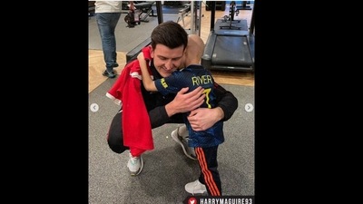 Manchester United captain Harry Maguire hugging River Rhodes, a young fan. (manchesterunited/Instagram ) Manchester United captain Harry Maguire hugging River Rhodes, a young fan. (manchesterunited/Instagram )