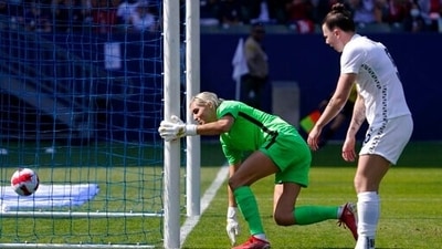 New Zealand goalkeeper Erin Nayler and defender Meikayla Moore react after an own goal during the first half of the 2022 SheBelieves Cup soccer match against the United States (AP) New Zealand goalkeeper Erin Nayler and defender Meikayla Moore react after an own goal during the first half of the 2022 SheBelieves Cup soccer match against the United States (AP)