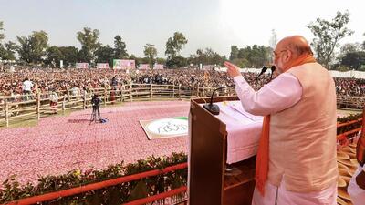 Union home minister Amit Shah during an election campaign for UP elections, in Pilibhit, on Monday. (PTI)