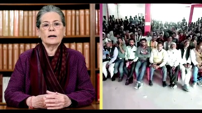 Congress Interim President Sonia Gandhi addressing the voters in Uttar Pradesh through video conferencing, in New Delhi on Monday. (AGENCY)