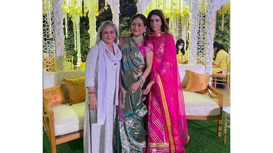 Shweta Bachchan shared a picture from the pre-wedding festivities with the bride's mother Tina Ambani and her mother Jaya Bachchan. She captioned her post, "Ft my Mamacitas !!."(Instagram/@shwetabachchan)