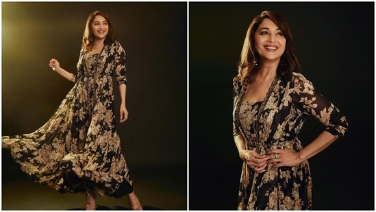 Madhuri Dixit is gearing up for the release of her OTT debut series The Fame Game which will release on February 25. The Kalank actor recently promoted her show wearing a stunning black printed jumpsuit set by Astha Narang.(Instagram/@mohitvaru)