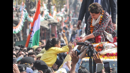 Priyanka Gandhi , AICC general secretary during a road show, in Lucknow, on Monday. (Deepak Gupta/HT PHOTO)