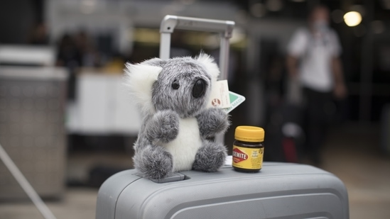 A stuffed koala toy and a jar of Vegemite on a suitcase at Sydney Airport in Sydney, Australia, on Monday, Feb. 21, 2022. Australia reopened its international borders to double-vaccinated visitors today, following almost two years of strict travel bans introduced to stem the spread of Covid-19.&nbsp;(Bloomberg)