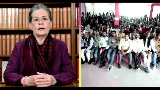 Congress Interim President Sonia Gandhi addressing the voters in Uttar Pradesh through video conferencing, in New Delhi on Monday. (AGENCY)