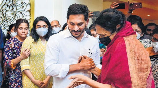 Andhra CM Jagan Mohan Reddy mourns the death of minister Mekapati Goutham Reddy, in Hyderabad on Monday. (PTI)