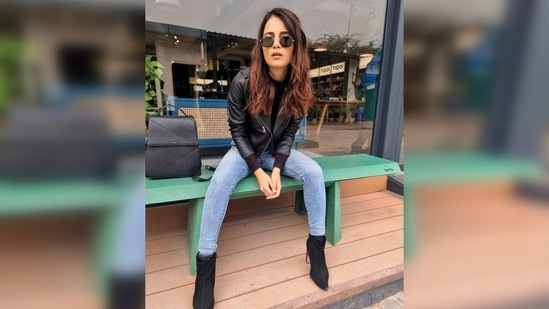 Radhika Madan's street wear game is always on point. In this photo, the Shiddat actor poses like a boss lady in a leather jacket, denims and black suede boots.(Instagram/@radhikamadan)