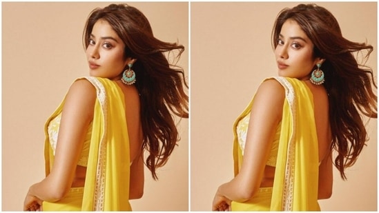 Janhvi's yellow satin saree came with white zari borders. She paired it with a sleeveless yellow blouse intricately detailed in white zari in floral patterns.(Instagram/@janhvikapoor)