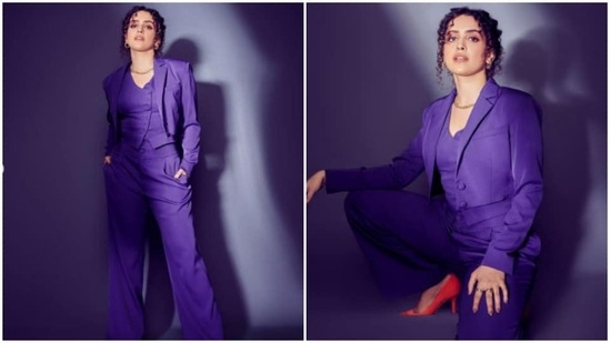 Sanya Malhotra, who is currently awaiting the release of her upcoming film Love Hostel earlier promoted her film in a stunning lavender pantsuit.  (Instagram/@sukritigrover)