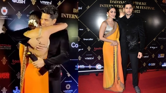 Kiara Advani and Sidharth Malhotra greeted each other with a warm hug at Dadasaheb Phalke Awards on Sunday. (Varinder Chawla)